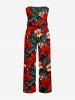 Flowers Tropical Leaf Print Pocket Hawaii Jumpsuit With Removable Belt and Shoulder Straps -  
