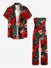 Flowers Tropical Leaf Print Pocket Hawaii Jumpsuit With Removable Belt and Shoulder Straps -  