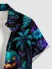 Chemise homme Halloween à imprimé citrouille, fleurs, feuille, chauve-souris, cocotier, crâne, boutons et poche - Paon Bleu S