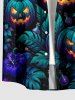 Chemise homme Halloween à imprimé citrouille, fleurs, feuille, chauve-souris, cocotier, crâne, boutons et poche - Paon Bleu S
