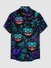 Chemise homme Halloween à imprimé citrouille, fleurs, feuille, chauve-souris, cocotier, crâne, boutons et poche - Paon Bleu S
