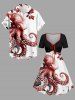 Octopus Flower Print Hawaii Cinched A Line Dress -  