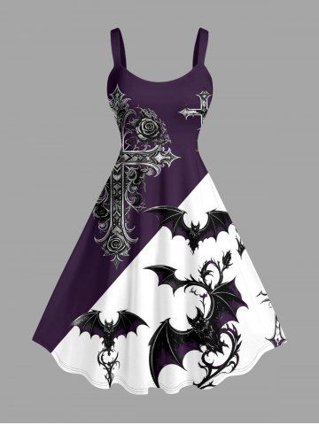 Halloween Bat Cross Colorblock Print Tank Dress(Adjustable Shoulder Strap)