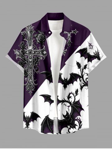 Halloween Bat Cross Colorblock Print Buttons Pocket Shirt For Men - CONCORD - 5XL