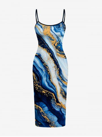 Marble Stained Stripes Print Hawaii Fitted Dress - DEEP BLUE - 2X