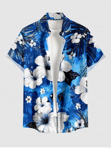 Hibiscus Flower Tropical Leaf Print Buttons Pocket Hawaii Shirt For Men - BLUE - XL