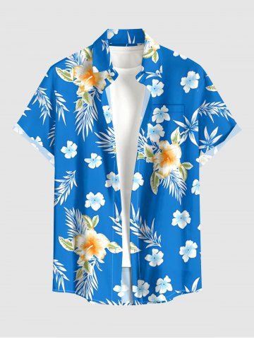 Tropical Leaf Hibiscus Flower Print Hawaii Button Pocket Shirt For Men - LAKE BLUE - 4XL