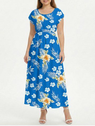 Robe trapèze Hawaii imprimée feuilles tropicales et fleurs d'hibiscus - LAKE BLUE - M