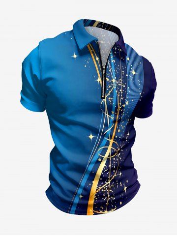 Curve Ombre Print Hawaii Zipper Polo Shirt For Men - CADETBLUE - XS