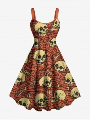 Halloween Skulls Intestines Print Tank Dress(Adjustable Shoulder Strap) - BROWN - XS