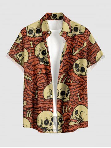 Halloween Skulls Intestines Print Buttons Pocket Shirt For Men - BROWN - XL