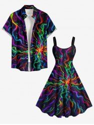Colorful Fire Flame Fluid Print Matching Hawaii Beach Outfit For Couples -  