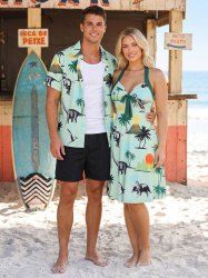 Coconut Tree Dinosaur Sun Print Matching Hawaii Beach Outfit For Couples -  