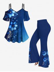 Flower Ombre Music Symbol Print Cold Shoulder Cami T-shirt and Flare Pants Matching Set -  