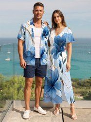 Hibiscus Flower Print Matching Hawaii Beach Outfit For Couples -  