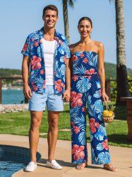 Tropical Leaf Hibiscus Flower Print Matching Hawaii Beach Outfit For Couples -  