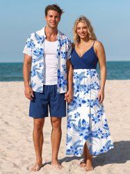 Hibiscus Flowers Tropical Leaf Print Matching Hawaii Beach Outfit For Couples -  