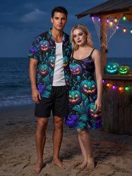 Halloween Pumpkin Flowers Leaf Bat Coconut Tree Skull Print Matching Outfit For Couples -  