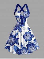 Hibiscus Flowers Leaf Print Crisscross Straps Bowknot Hawaii Tank Dress -  