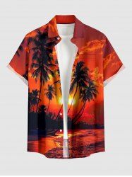 Chemise hawaïenne pour homme à imprimé paysage marin, soleil et cocotier, avec boutons et poche - Orange Foncé S