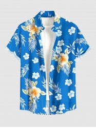 Tropical Leaf Hibiscus Flower Print Hawaii Button Pocket Shirt For Men -  