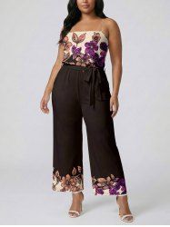 Flower Leaf Print Hawaii Pocket Jumpsuit with Removable Belt and Shoulder Strap -  