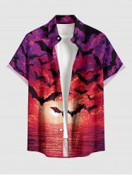 Halloween Bat Painting Sunset Print Button Pocket Shirt For Men -  