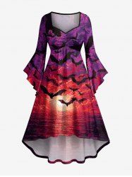 Halloween Bat Painting Sunset Print Ruched High Low Asymmetric Dress -  