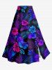 Solid Cinched Top and Tropical Leaf Hibiscus Flower Print Hawaii Split A Line Skirt Matching Set -  