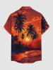 Chemise hawaïenne pour homme à imprimé paysage marin, soleil et cocotier, avec boutons et poche - Orange Foncé S