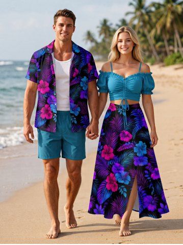Tenue de plage hawaïenne assortie pour couples avec motif feuilles tropicales et fleurs d'hibiscus - BLUE