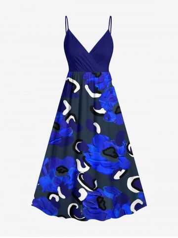 Flower Print Hawaii Surplice A Line Dress - BLUE - 3X