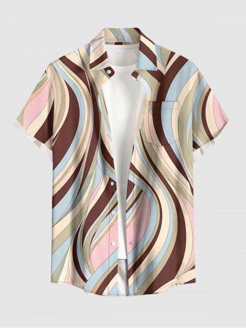 Curve Colorblock Print Hawaii Button Pocket Shirt For Men - BROWN - M