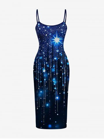 Galaxy Star Tassel Glitter 3D Print Hawaii Fitted Dress - MIDNIGHT BLUE - L
