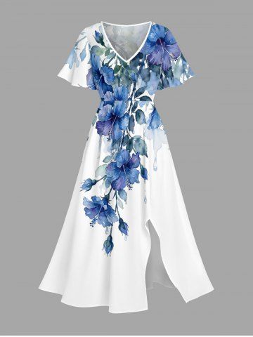 Hibiscus Flowers Leaf Watercolor Print Split Hawaii Midi Dress - BLUE - 5X