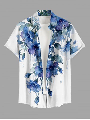 Hibiscus Flowers Leaf Watercolor Print Buttons Pocket Hawaii Shirt For Men - BLUE - 6XL