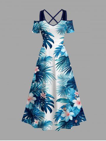 Robe maxi hawaïenne à imprimé fleurs et feuilles tropicales, épaules découvertes et entrecroisée - PEACOCK BLUE - 6X