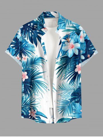Chemise hawaïenne pour homme à imprimé tropical fleurs et feuilles, avec boutons et poche - PEACOCK BLUE - 4XL