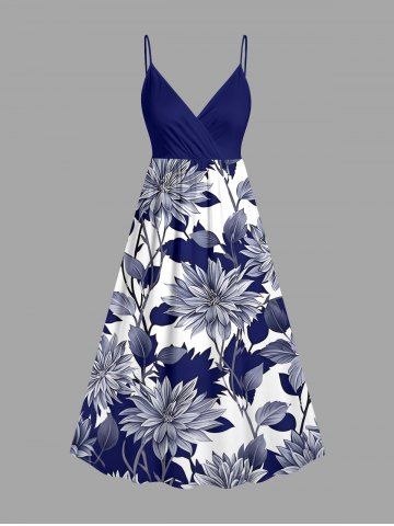Flowers Leaf Print Surplice Hawaii Cami Dress - CONCORD - XXS