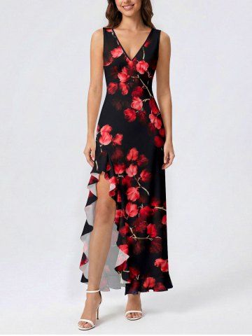 Robe hawaïenne fendue à volants à imprimé fleurs et branches en dégradé - ROSE RED - M