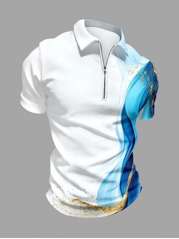 Curve Ombre Print Hawaii Zipper Polo Shirt For Men - BLUE - XL