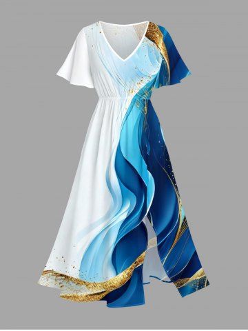 Curve Ombre Print Hawaii Split Pocket A Line Midi Dress - BLUE - XS