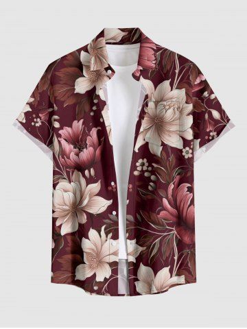 Chemise hawaïenne pour homme à imprimé fleurs, feuilles et branches, avec poche boutonnée - DEEP RED - 2XL