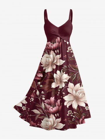 Flower Leaf Branch Print Hawaii Twist A Line Dress - DEEP RED - XXS