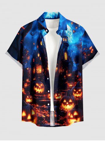 Chemise homme Halloween à imprimé dégradé galaxie citrouille lanterne château, à poches boutonnées - DEEP BLUE - XL