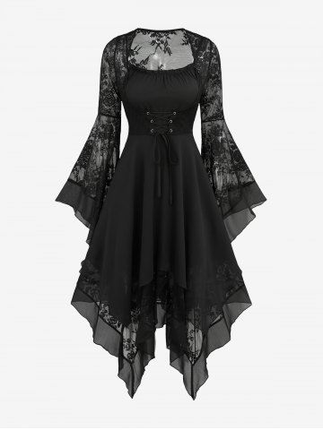 Robe à ourlet mouchoir, laçage, manches évasées et panneaux de dentelle fleurie - BLACK - L