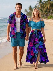 Tropical Leaf Hibiscus Flower Print Matching Hawaii Beach Outfit For Couples -  