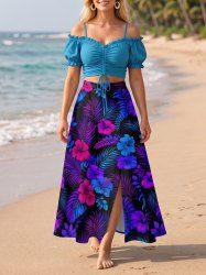 Solid Cinched Top and Tropical Leaf Hibiscus Flower Print Hawaii Split A Line Skirt Matching Set -  