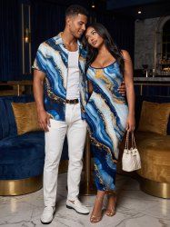 Marble Stained Stripes Print Matching Hawaii Beach Outfit For Couples -  