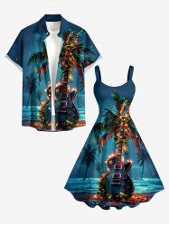 Coconut Tree Glitter Guitar Galaxy Print Matching Hawaii Beach Outfit For Couples -  